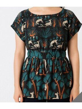 ANNA SUI FOR ANTHROPOLOGIE Silk Deer‎ Woodland Print Whimsigoth Top Size 4